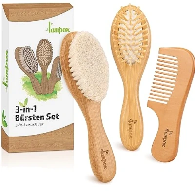 Afbeelding van Babyhaarborstel en babykamset, natuurlijk hout, babyhaar, haarborstel met zachte geitenharen, babyborstel voor zuigelingen peuters, haarborstel, babyset (walnoot)