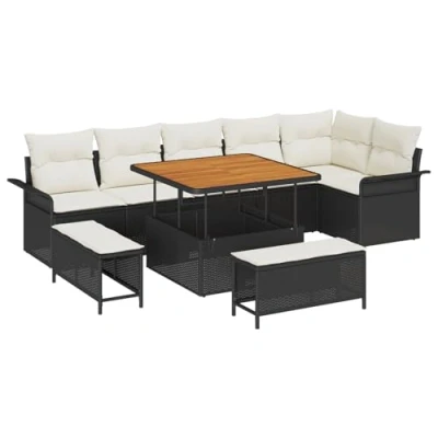 Afbeelding van vidaXL 9 delige Tuin Sofa Set met Kussens Zwart Poly Rattan Acacia