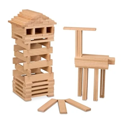 Afbeelding van Relaxdays houten blokken set van 100 bouwblokken 12x2,5x0,7 cm natuur