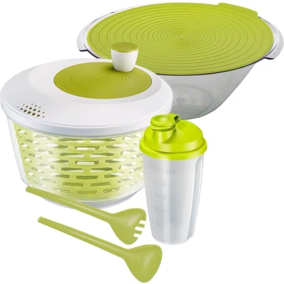 Afbeelding van Saladeset, 4 delig, slacentrifuge, com, bestek en dressingshaker, kunststof, transparant/wit/groot