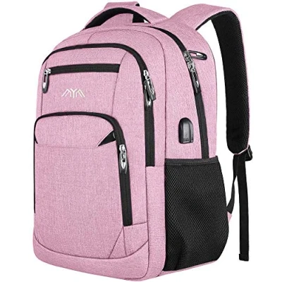 Afbeelding van Schoolrugzak voor jongens en meisjes, dames heren, tieners, laptop, zakelijke Rugzak met USB, roze, 15,6 Zoll,
