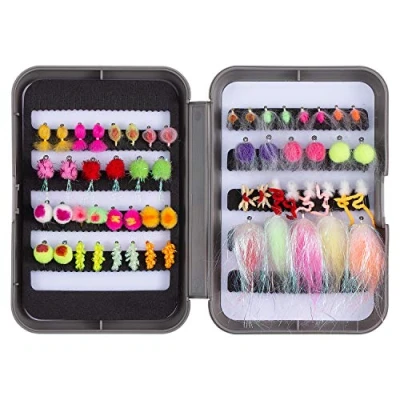 Afbeelding van Bassdash Vliegvissen kunstaas kit met doos nimf kralen natte vissen droge vliegen voor forel baars zalm (57 stuks assorti steelhead/zalm/forel vliegen)