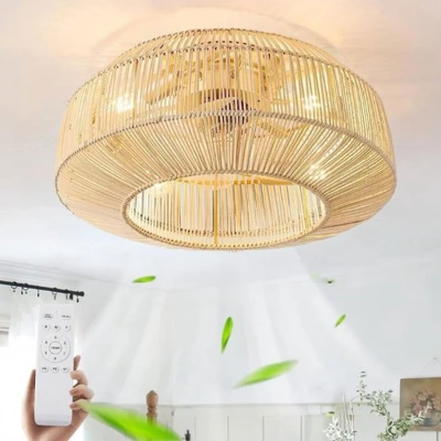 Afbeelding van Plafondventilator Met Verlichting E27 Retro Rotan En Bamboe Afstandsbediening Stille Plafondlamp Ventilator 6 Windsnelheden Licht Woonkamer Eetkamer