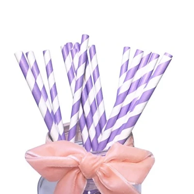 Afbeelding van Paarse papieren rietjes biologisch afbreekbaar paars wit gestreepte wegwerp rietjes, gebruikt voor sap, smoothies, babyfeest 100 bulk