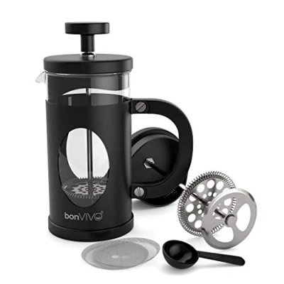 Afbeelding van bonVIVO GAZETARO I Franse pers koffiemaker, koffiepers van roestvrij staal en hittebestendig borosilicaatglas, design persmachine in zwarte afwerking, met extra bonusfilter, 0,35 l.
