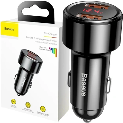 Afbeelding van Baseus Autolader USB 2 poorten + A naar C Kabel Snellader Auto Lader Geschikt voor Samsung Galaxy, Oppo, Huawei Sigarettenaansteker oplader (Zwart) CCMLC20A 01