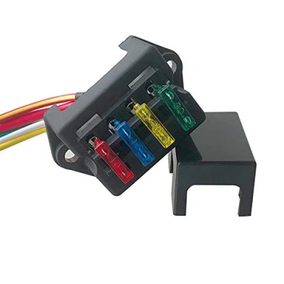 Afbeelding van QitinDasen Premium 4 Weg Zekeringdoos met Draad, 2 Ingang Uitgang Auto Zekeringkast, Standaard Blade Zekeringhouder, Circuit Zekeringblok, 10Pcs Gratis Meszekering (12V/24V/32V/48V)