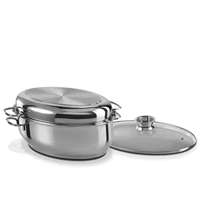 Afbeelding van GSW 411318 3 in 1 multibraadpan hoogwaardige 2 deksels, ideaal voor stoven, stomen en braden, ook inductie oven, roestvrij staal, 8,5 liter, 18/8, glas, 7 zilver