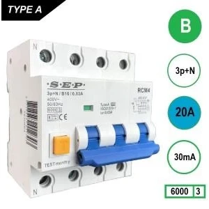 Afbeelding van SEP aardlekautomaat 3 polignul 20A B karakteristiek 30mA RCM4 B2003