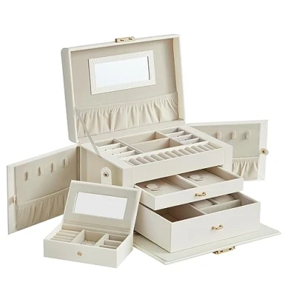Afbeelding van SONGMICS Sieradendoosje 3 niveaus, sieradendoos, 2 laden, draagbare mini box voor reizen, met handvat, afsluitbaar, cadeau idee, PU bekleding in klassiek wit, binnenvoering crèmewit, JBC121W02