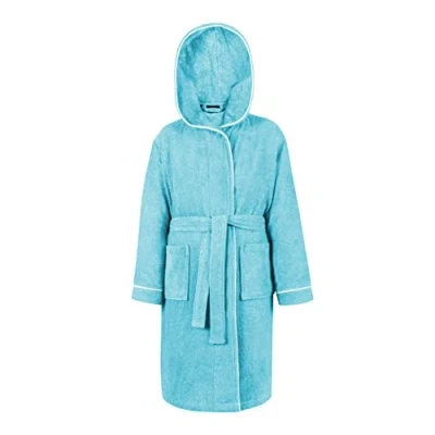 Afbeelding van LAYNENBURG Premium Badjas kinderen &amp; tieners met capuchon 100% katoen OEKO TEX Standard 100 donzige badstof Maat (158 164, Lichtblauw)