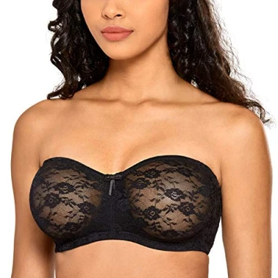 Afbeelding van Dobreva Dames Strapless Beha met Beugel Sheer Lace Dirndl Bandeau Beha&#039;s Transparante Bandjes zwart 90D