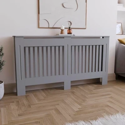Afbeelding van Vida Designs Chelsea Radiatorafdekking, modern lattenroosterontwerp, grijs geverfde MDF kast, groot, (H: 82 / B: 152 D: 19cm)