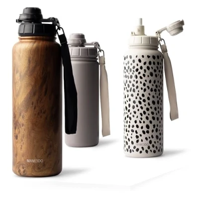 Afbeelding van MAMEIDO Thermosfles met rietje 1,2 l lekvrije geïsoleerde drinkfles van roestvrij staal, BPA vrije waterfles draaglus, sportwaterfles (Oak Wood)