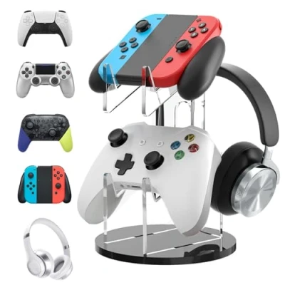 Afbeelding van SPORWAY Controller houder: Switch houder van acryl, hoofdtelefoonstandaard voor bureau, PS5/PS3/PS4/PS2/Switch Pro/Xbox headsethouder, standaard 3 controllers en 1 hoofdtelefoon