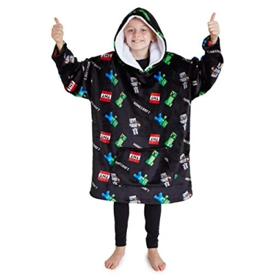 Afbeelding van Minecraft deken met mouwen voor kinderen, kinderhoodie, Creeper en Mob design, extra grote knuffeldeken mouwen, 7 14 jaar, XXL hoodie, jongens, zwart, One Size