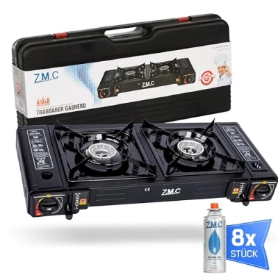 Afbeelding van ZMC Camping gasfornuis 2 pits met 8 gaspatronen 227 g, 2,5 KW incl. adapter voor LPG aansluiting + opbergkoffer campingkooktoestelset piëzo ontsteking, buiten en binnen