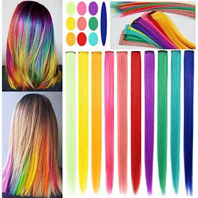 Afbeelding van Rhyme 10 PCS 21 Inch Regenboog Gekleurde Haar Extensies Clip in Accessoires voor Meisjes Kleurrijke Rechte Partij Hoogtepunten Jonge geitjes Vrouwen