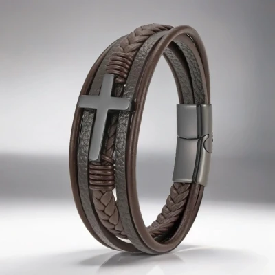 Afbeelding van Heren Armband Leer Bruin met Zwart Kruis 21cm Armbanden Cadeau voor Man Mannen Cadeautjes
