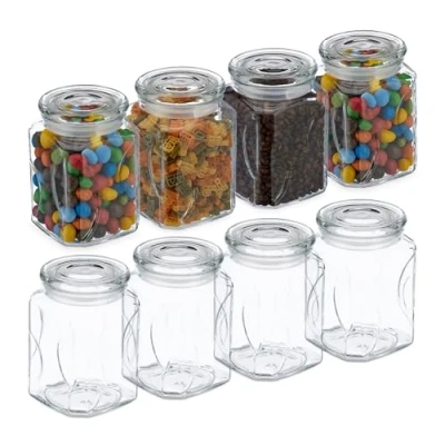 Afbeelding van Relaxdays voorraadpot met deksel, set van 8, glas, 750 ml, luchtdicht, vierkante opbergpotten keuken, transparant