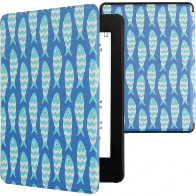 Afbeelding van kwmobile E reader hoesje geschikt voor Amazon Kindle Paperwhite 11. Generation 2021 hoes flip case met magnetische sluiting Ereader cover Visjespatroon design in blauw / lichtblauw wit