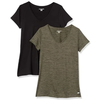 Afbeelding van Amazon Essentials Dames Tech Stretch T shirt met korte mouwen en V hals (verkrijgbaar in grote maten), 2 Pack, Olijfgroen Ruimteverf/Zwart, XS