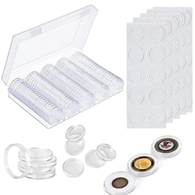 Afbeelding van QNLEMON Muntcapsules, 100 stuks transparante munten capsules met opbergdoos, acryl kunststof, bewaardoos voor munten, herdenkingsmunten