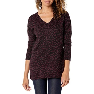 Afbeelding van Amazon Essentials Women&#039;s Lichtgewicht tuniektrui met lange mouwen en V hals (verkrijgbaar in grote maten), Zwart Dierenprint, L