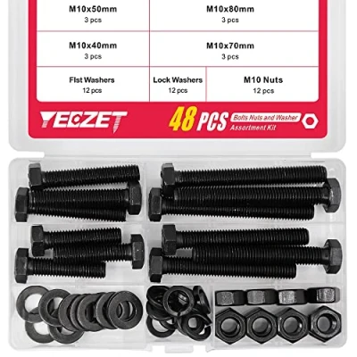 Afbeelding van YEEZET Schroeven M10 48 stuks zeskantschroeven, sluitringen, veerringen en moeren assortiment kit (8,8 koolstofstaal)