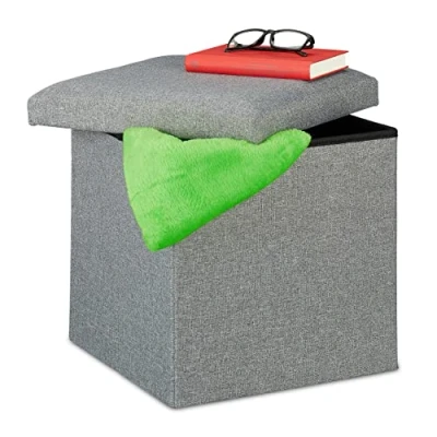 Afbeelding van Relaxdays poef met opbergruimte, opvouwbaar, zacht, vierkant, stof, hocker, HBD: ca. 37x37,5x37,5 cm, lichtgrijs