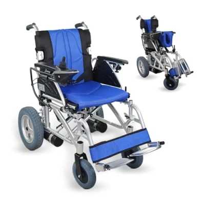 Afbeelding van Mobiclinic Lyra Elektrische Rolstoel 20 km Inklapbaar Aluminium Afstand 24V Met batterij Aanpasbaar armleuningen en voetsteunen Blauw Zwart