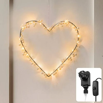 Afbeelding van CozyHome Lichtketting met 20 leds, stekker, warmwit, raamdecoratie, verlicht, moderne led decoratie, woonkamer, om neer te zetten of op hangen, verlichte ramen, bruiloftsdecoratie, harten