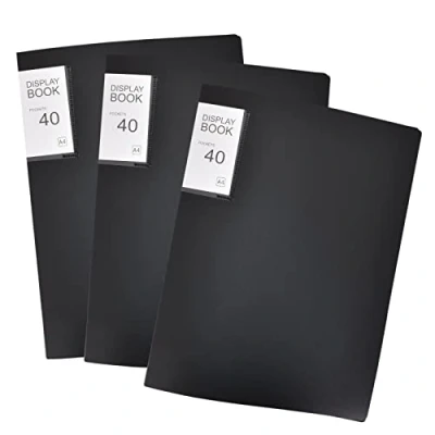 Afbeelding van 3 stuks A4 PP showboek, formaat, 40 pagina&#039;s transparante map, presentatiemap, presentatieboek, voor kunst, rapportbladen, brieven, portfolio&#039;s, zwart