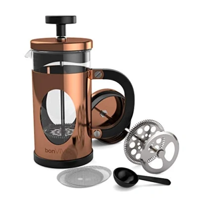 Afbeelding van bonVIVO GAZETARO I Franse pers koffiemaker, roestvrijstalen cafetière met glazen kan, koffie zuiger filter, handmatige koffiezetter koperen afwerking koffiepers klein (12 oz/0.35 l)
