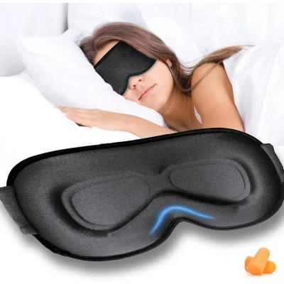 Afbeelding van Grsta Slaapmasker voor zijslapers, 100% lichtblokkerende slaapbril, met diepe oogkassen en verhoogde neuspads, oogklep heren dames, inclusief twee oordopjes, zwart tasje