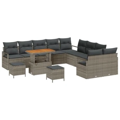 Afbeelding van vidaXL 13 delige tuinsalonset met kussens Grijs Poly Rattan Acacia, 2 zits tuinsalon opslag en Rattan, 3 tuin eetset Acacia