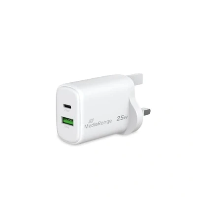 Afbeelding van MediaRange GaN snellaadadapter van 25 W (UK stekker), 1 x USB C en A, ondersteunt C® Power Delivery Quick Charge™, wit