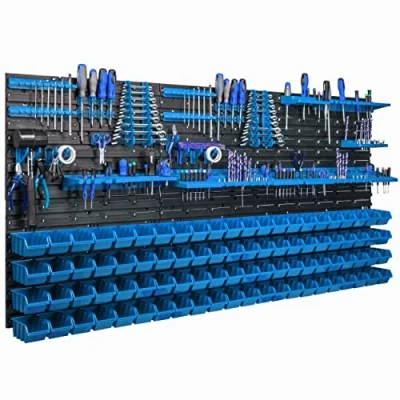 Afbeelding van Opslagsysteem wandrek 173x78cm, gereedschapshouders, 88 stuks. Stapelboxen, opbergkast, extra sterke wandplaten, uitbreidbaar, werkplaatsrek, opslagrek, werkplaatswandrek Ste