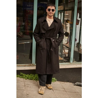 Afbeelding van Retro Design Unisex Zwarte Trench Coat