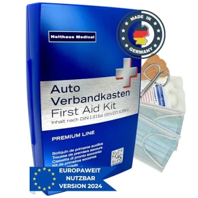 Afbeelding van HierBeiDir Premium EHBO verbanddoos volgens de huidige norm 2024/2025 DIN 13164:2022 (conform verkeersregeling) verbandtas voor heel Europa Made in Germany, blauw