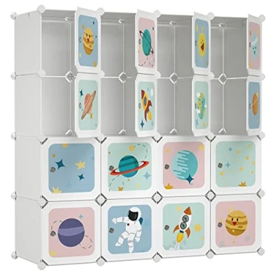 Afbeelding van SONGMICS LPC905W01 Draagbare kledingkast, doe het zelf kledingkast om kleding op te hangen, modulaire opbergorganizer voor kinderen met 16 kubussen, 4 hangende rails, 123 x 41 cm, wit