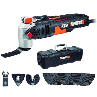 Afbeelding van Worx WX681 Sonicrafter F50 multifunctioneel gereedschap 450W multitools incl. adapter voor universele accessoires, 35 mm standaard End Cut zaagblad &amp; 80 HSS halfrond