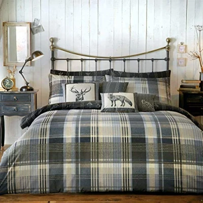 Afbeelding van Dreams &amp; Drapes Houtskoolgrijs geruit hertendekbedovertrek Eenpersoons beddengoed (140 x 200 cm) Zacht 100% geborsteld katoen omkeerbaar (2 motieven) met bosherten grijs