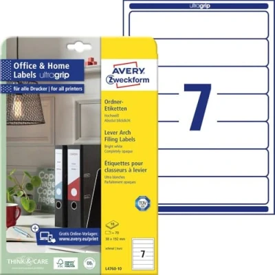 Afbeelding van Avery Zweckform Ordneretiketten L4760 10 38 x 192 mm Papier Wit Permanent 70 stuk(s)
