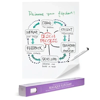 Afbeelding van EASYCLING® Magique Flipchart Foil, elektrostatische film voor alle harde oppervlakken, hecht zonder lijm of magneten, 25 vellen en 1 boardmarker incl, 60 cm x 80 (flipchart basic)