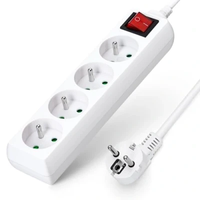 Afbeelding van Aigostar Stekkerdoos met 4 stopcontacten schakelaar, 2P+T, verlengkabel 3 m, kinderbeveiliging, Frans, wit, 16 A, 250 V