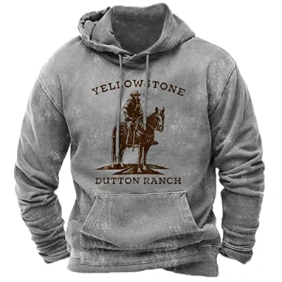 Afbeelding van Mannen Etnische Stijl Hooded Sweatshirt West Cowboy Gedrukt Lange Mouw Trui Mode Vintage Grafische Trekkoord Hoodie Tops, Grijs, XL