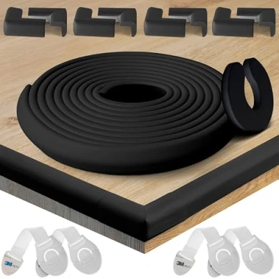 Afbeelding van HAPPY CHLEA® Randbescherming Hoekbeschermers Kinderen Rubber. Beschermings en Veiligheidsset. 6.4M totale Dekking Met Randbeschermers 8 Zachte Hoekbeschermers. Deurstop 4 Veiligheidssloten (Zwart)