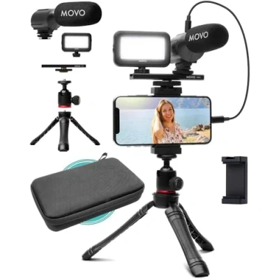 Afbeelding van Movo Vlogkit voor iPhone/Android Telefoonstatief, Telefoonhouder, LED lamp en Jachtgeweermicrofoon
