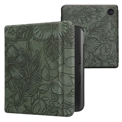 Afbeelding van kwmobile E reader hoesje geschikt voor Kobo Libra Colour hoes flip case met magnetische sluiting Ereader cover Bloemen in reliëf design groen